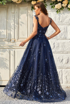 A Linie Marineblaues Schulterfreies Langes Ballkleid mit Applikationen